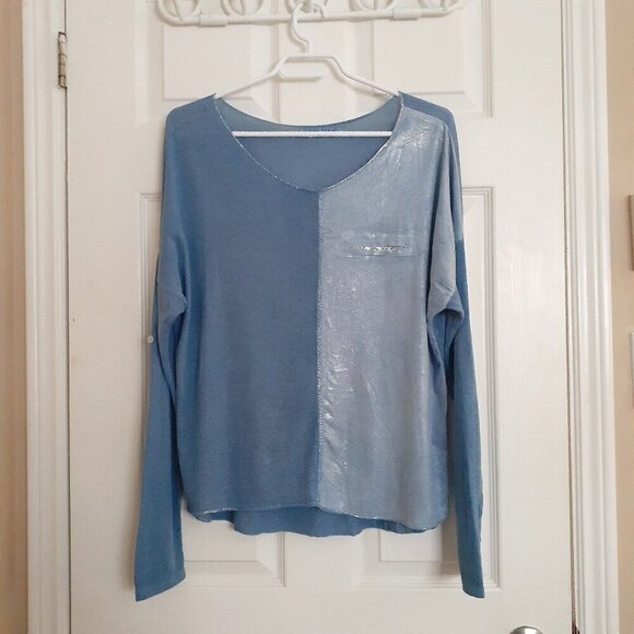 Tempo Paris Women's Large Blue Mixed Media Shirt - Picture 2 of 14